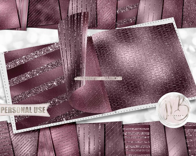Mauve Shimmer Striped Scrapbook Paper Download • Glitter Stripes and Shimmering Foil Design • Printable Paper Crafts 20 12x12 JPG & PDF