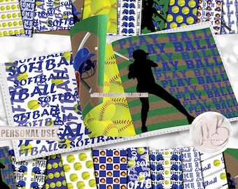 Blue Softball Scrapbook Paper Download • Softball Helmets Bat Mitt Field School Sports • DIY Scrapbooking Printable