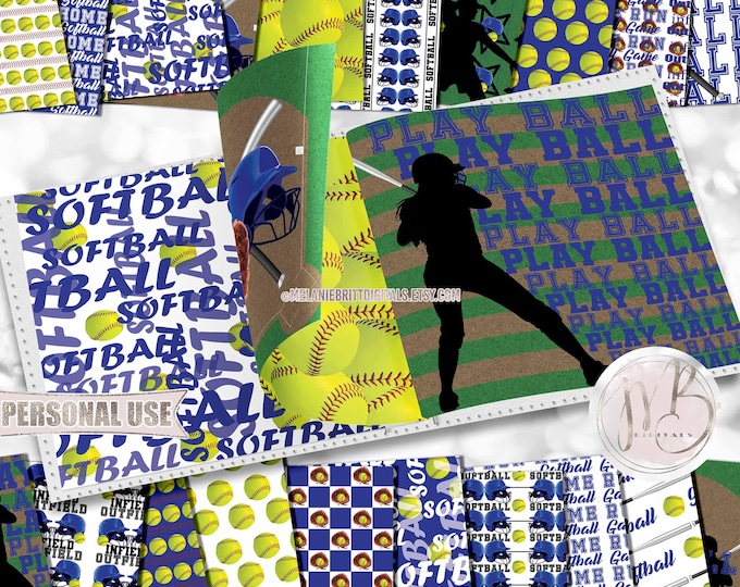 Blue Softball Scrapbook Paper Download • Softball Helmets Bat Mitt Field School Sports • DIY Scrapbooking Printable