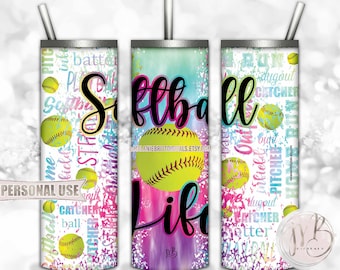 Colorful Softball Life Tumbler Wrap Download • Rainbow Tie Dye Typography Softball Gift • Sublimation Print and Press #4