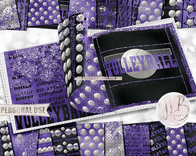 Purple Glam Volleyball Scrapbook Paper Download • Volleyball Court Net Glitter and Foil School Sports • Scrapbooking Printable