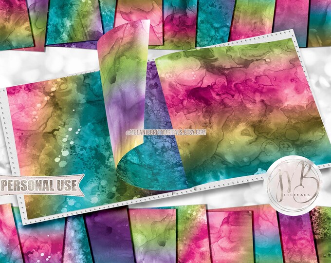 Rainbow Alcohol Ink Scrapbook Paper Download • Painted Abstract Fluid Art Inked Design • Printable Paper Crafts 20 12x12 JPG & PDF