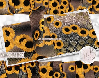 Traditional Sunflowers Scrapbook Paper Download • Ombre Brown with Gold Damask Distressed Design • Printable Paper Crafts 20 12x12 JPG & PDF
