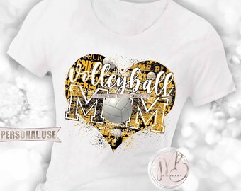 Volleyball Mom Heart T-Shirt Sublimation Design Download • Athletic Gold and Black Glitter Sports Mom Volleyball Gift • DIY Print and Press