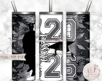 Silver Class Of 2026 Boy Graduation 20oz Skinny Tumbler Wrap Sublimation Design • Graduate Gift Graduation Cap Diploma • DIY Print and Press