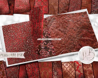 Bronze Red Embossed Damask Scrapbook Paper Download • Ornamental Damask Shimmering Foil Design • Printable Paper Crafts 20 12x12 JPG & PDF