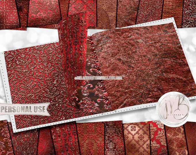 Bronze Red Embossed Damask Scrapbook Paper Download • Ornamental Damask Shimmering Foil Design • Printable Paper Crafts 20 12x12 JPG & PDF