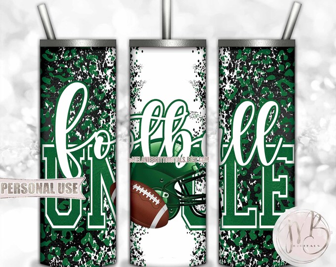 Green Football Uncle 20oz Skinny Tumbler Wrap Sublimation Design • Football Helmet Leopard Print Sports Uncle Gift • DIY Print & Press