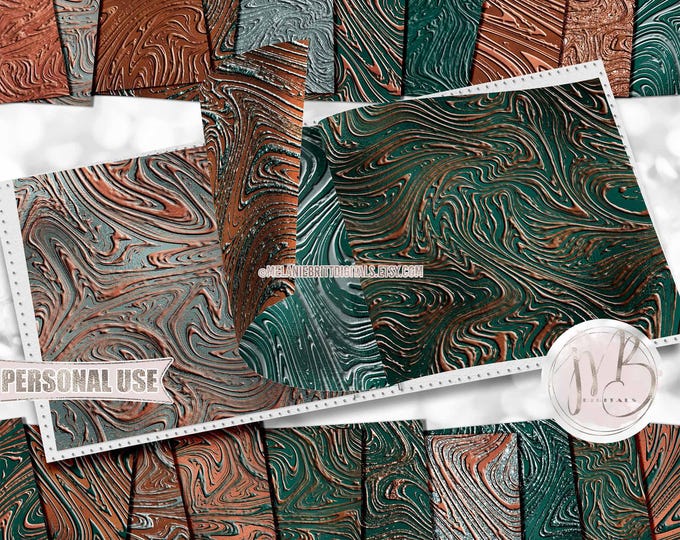 Copper Patina Swirls Scrapbook Paper Download • Swirling Embossed Patterns Glitter and Foil • Printable Paper Crafts 20 12x12 JPG & PDF