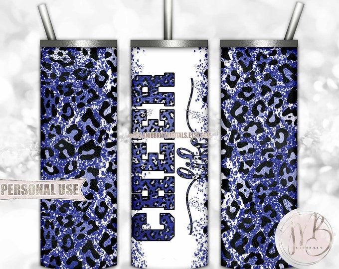Blue Cheer Life Glitter 20oz Skinny Tumbler Wrap Sublimation Design Download • Leopard Print Cheerleader Gift • DIY Print and Press