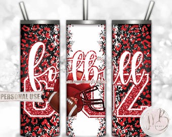 Red Football Cousin 20oz Skinny Tumbler Wrap Sublimation Design • Football Helmet Leopard Print Sports Cuz Gift • DIY Print and Press