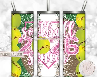 Pink Glitter Softball Senior 2026 20oz Skinny Tumbler Wrap Sublimation Design Download • Varsity Softball Graduate Gift • DIY Print & Press