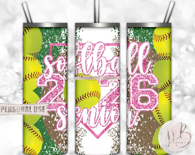 Pink Glitter Softball Senior 2026 20oz Skinny Tumbler Wrap Sublimation Design Download • Varsity Softball Graduate Gift • DIY Print & Press