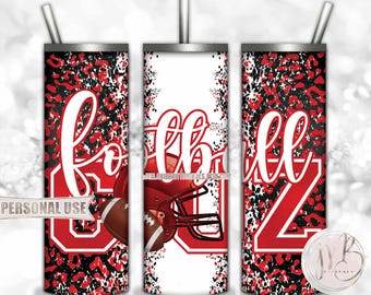 Red Football Cousin 20oz Skinny Tumbler Wrap Sublimation Design • Football Helmet Leopard Print Sports Cuz Gift • DIY Print and Press