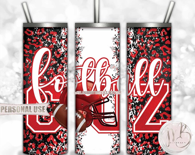 Red Football Cousin 20oz Skinny Tumbler Wrap Sublimation Design • Football Helmet Leopard Print Sports Cuz Gift • DIY Print and Press