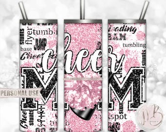 Light Pink Cheer Mom Glitter 20oz Skinny Tumbler Wrap Sublimation Download • Typography Pom Megaphone Cheer Mom Gift • DIY Print & Press