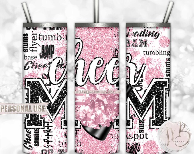 Light Pink Cheer Mom Glitter 20oz Skinny Tumbler Wrap Sublimation Download • Typography Pom Megaphone Cheer Mom Gift • DIY Print & Press