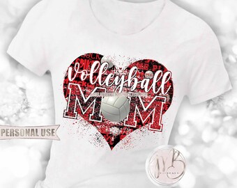 Red Volleyball Mom Heart T-Shirt Design Sublimation Design Download • Red and Black Glitter Sports Mom Volleyball Gift • DIY Print and Press