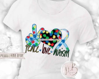 Peace Love Autism Awareness T-Shirt Sublimation Design Download • For a Cause Autism Puzzle Pieces Glitter • DIY Print and Press