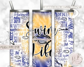 Swimmer Of The Meet 20oz Skinny Tumbler Wrap Sublimation Download • Blue & Athletic Gold Tie Dye Typography Swim Team • DIY Print and Press