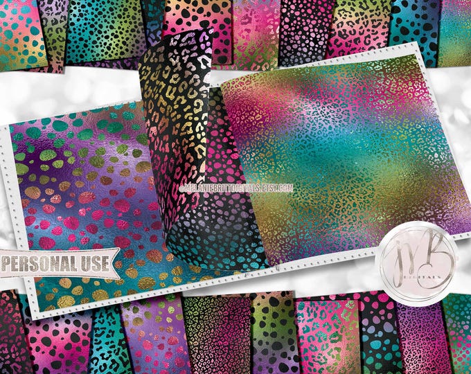 Rainbow Cheetah Scrapbook Paper Download • Cute Cheetah Print Shimmering Foil Design • Printable Paper Crafts 20 12x12 JPG & PDF