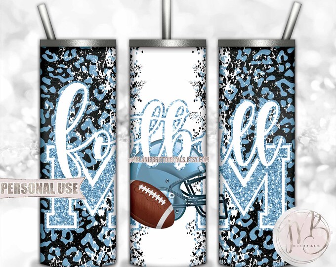 Light Blue Football Mom 20oz Skinny Tumbler Wrap Sublimation Design • Football Helmet Leopard Print Sports Mom Gift • DIY Print and Press