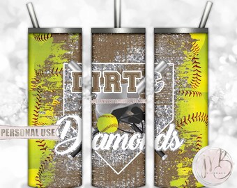 Silver Softball “Dirt and Diamonds” 20oz Skinny Tumbler Wrap Sublimation Design Download • Helmet Bat Ball Softball Gift • DIY Print & Press