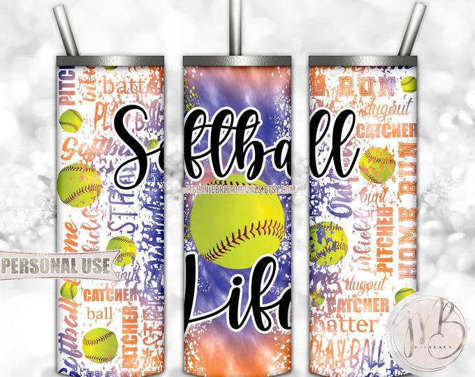 Softball Life 20oz Skinny Tumbler Wrap Sublimation Design • Blue and Orange Tie Dye Softball Sports Gift • DIY Print and Press