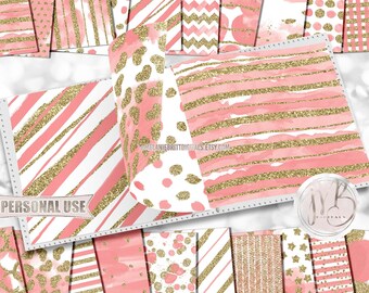 Salmon Pink and Gold Glam Watercolor Scrapbook Paper Download • Patterned Glitter Paint Design • Printable Paper Crafts 20 12x12 JPG & PDF