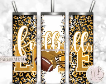 Athletic Gold Football Life 20oz Skinny Tumbler Wrap Sublimation Design • Football Helmet Leopard School Sports Gift • DIY Print and Press