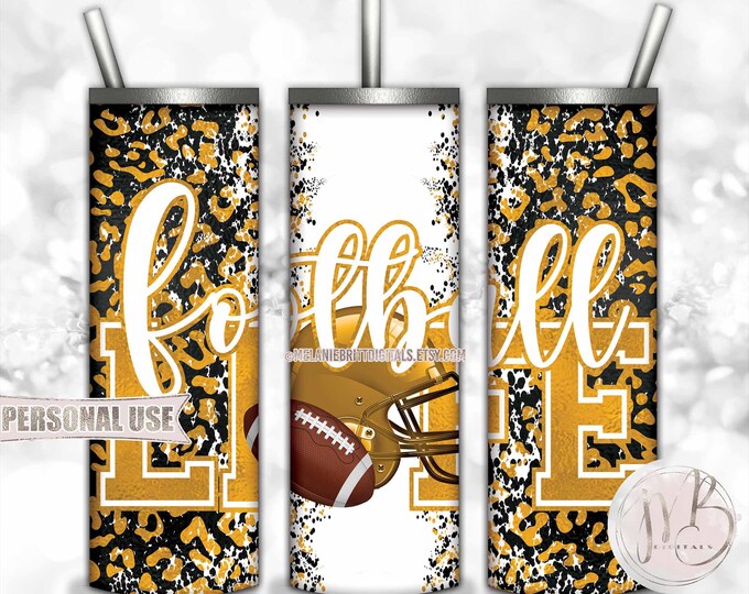 Athletic Gold Football Life 20oz Skinny Tumbler Wrap Sublimation Design • Football Helmet Leopard School Sports Gift • DIY Print and Press