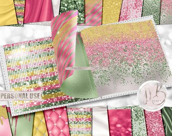 Pink Green Yellow Luxury Scrapbook Paper Download • Luxurious Sparkling Glitter and Foil Design • Printable Paper Crafts 20 12x12 JPG & PDF