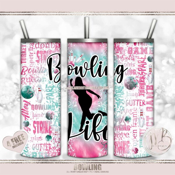 Bowling Life 20oz Skinny Tumbler Wrap Sublimation Design • Girl Silhouette Pink & Turquoise Tie Dye Bowler Gift • Sublimation Crafts