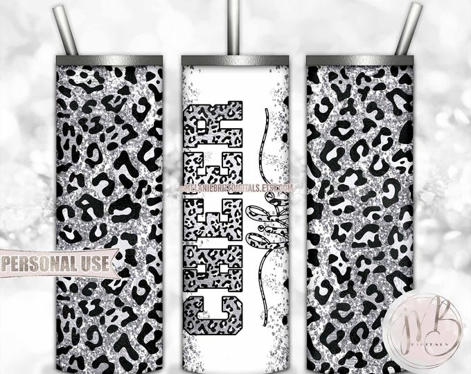 Silver Cheer Life Glitter 20oz Skinny Tumbler Wrap Sublimation Design Download • Leopard Print Cheerleader Gift • DIY Print and Press