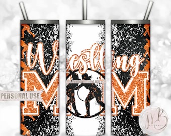 Orange Girl Wrestling Mom 20oz Skinny Tumbler Wrap Sublimation Download • Glitter Varsity Letters Wrestler Mom Gift • DIY Print & Press