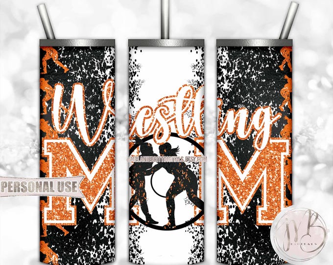 Orange Girl Wrestling Mom 20oz Skinny Tumbler Wrap Sublimation Download • Glitter Varsity Letters Wrestler Mom Gift • DIY Print & Press