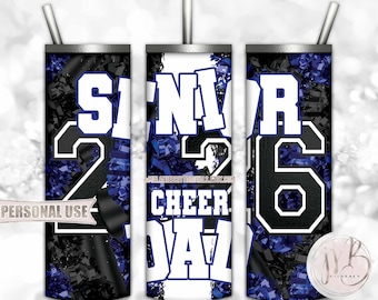 Blue Cheer Senior 2026 Dad 20oz Skinny Tumbler Wrap Sublimation Download • Pom Pom Megaphone Collage Cheer Dad Gift • DIY Print and Press