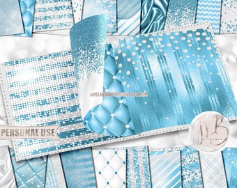 Sky Blue and White Luxury Scrapbook Paper Download • Luxurious Design Diamonds Glitter and Foil • Printable Paper Crafts 20 12x12 JPG PDF