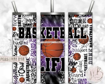 Basketball Life 20oz Skinny Tumbler Wrap Sublimation Design • Purple and Black Tie Dye Typography Design Basketball Gift • DIY Print & Press