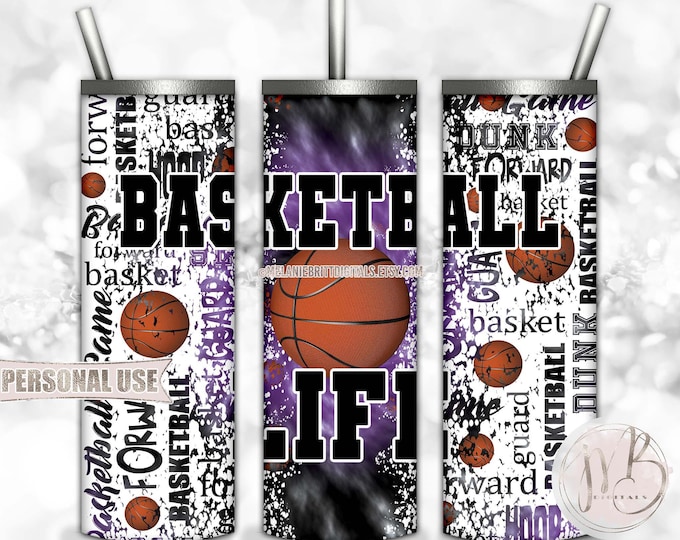 Basketball Life 20oz Skinny Tumbler Wrap Sublimation Design • Purple and Black Tie Dye Typography Design Basketball Gift • DIY Print & Press