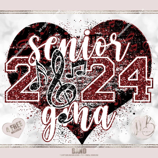 Band Senior 2024 GMA Heart Sublimation T-Shirt Design PNG Download • Music Notes Marching Band Maroon and Black Glitter • Print and Press