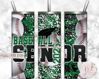 Green Baseball Senior 2025 20oz Skinny Tumbler Wrap Sublimation Design Download • Camouflage Baseball Graduation Gift • DIY Print and Press