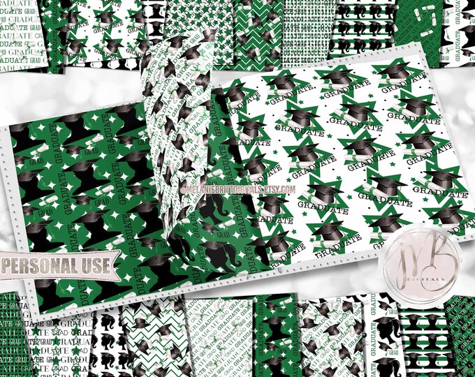 Graduation Scrapbook Paper Download • Green School Colors Boy and Girl Graduates Mortarboard Diploma Tassel • Scrapbooking Printable