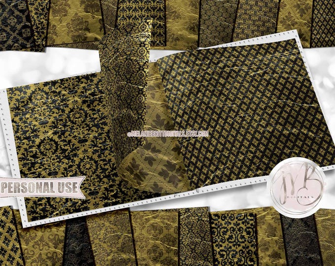 Black and Gold Antiqued Damask Scrapbook Paper Download • Vintage Victorian Damask Design • Printable Paper Crafts 20 12x12 JPG & PDF