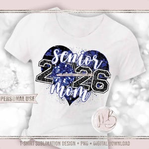Blue and Black Cheer Senior 2026 Mom Heart T-Shirt Sublimation Design Download • Paw Prints Pom Pom Megaphone Glitter • DIY Print and Press