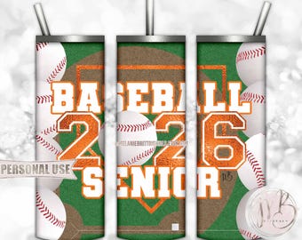 Orange Baseball Senior 2026 20oz Skinny Tumbler Wrap Sublimation Download • Senior Night Baseball Graduate Gift • DIY Print and Press