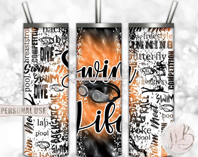 Swim Life 20oz Skinny Tumbler Wrap Sublimation Design Download • Orange and Black Tie Dye Swim Team Swimmer Gift • DIY Print & Press