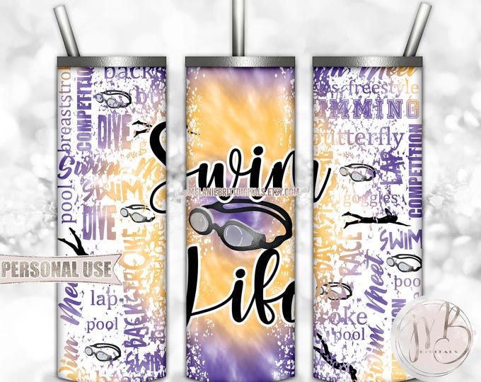 Swim Life 20oz Skinny Tumbler Wrap Sublimation Design Download • Purple and Athletic Gold Tie Dye Swim Team Swimmer Gift • DIY Print & Press