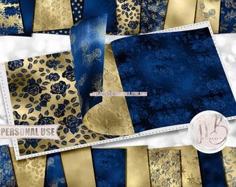 Prussian Blue and Gold Floral Scrapbook Paper Download • Elegant Floral Flowers Shimmering Foil • Printable Paper Crafts 20 12x12 JPG & PDF