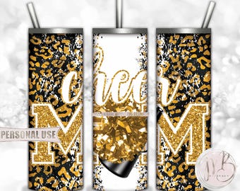Athletic Gold Cheer Mom 20oz Skinny Tumbler Wrap Sublimation Design • Leopard Print Pom Pom Megaphone Glitter Mom Gift • DIY Print & Press